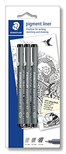 STAEDTLER schwarze pigment liner in unterschiedlichen Linienbreiten, dokumentenechte Pigmenttinte, lange Metallspitze, lange Lebensdauer, 3 Liner in 3 Linienbreiten auf Blisterkarte, 308S-9BK3D im Sale